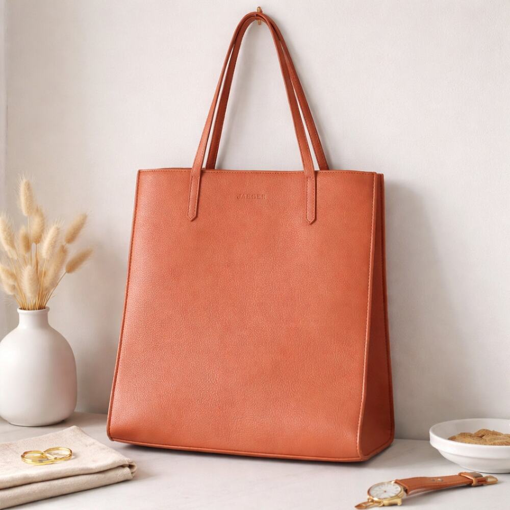 Jaeger Women's Genuine Leather Vertical Tote Bag- Orange-Footed
